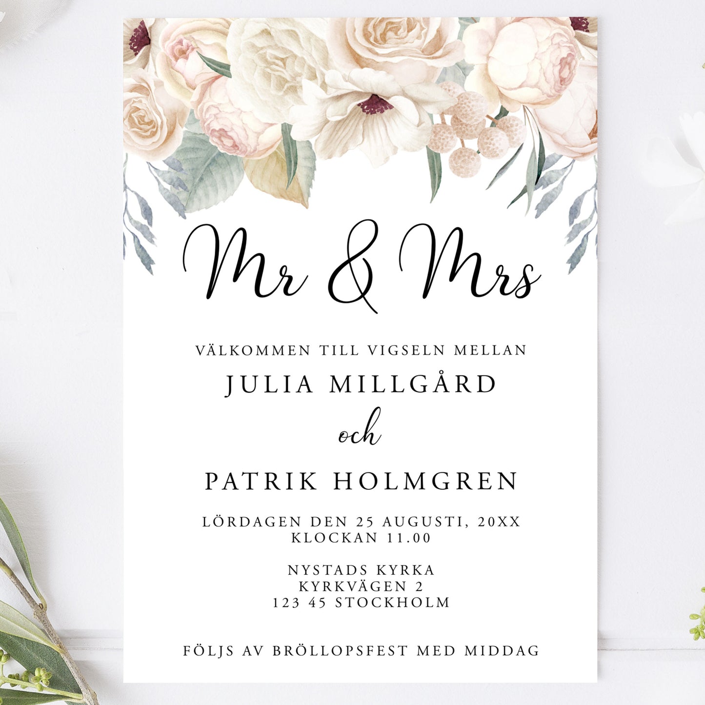 Vintage blommig bröllopsinbjudan – Mr & Mrs tryckt kort – BR001