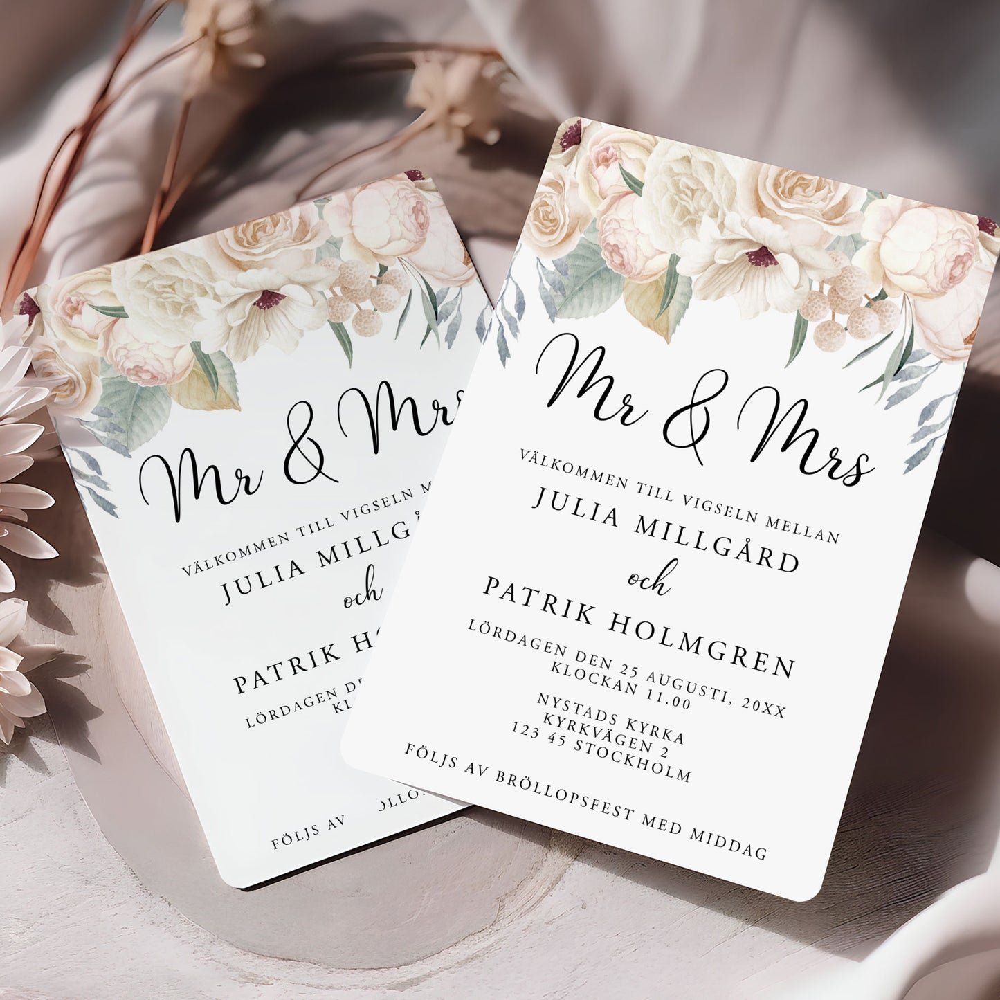 Vintage blommig bröllopsinbjudan – Mr & Mrs tryckt kort – BR001