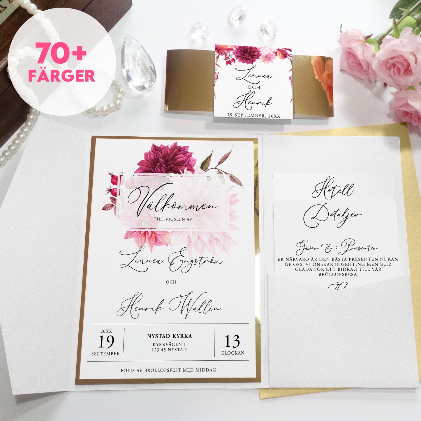 Pocket Bröllopsinbjudan - Burgundy Dahlia Modernt blommigt kort – BR002