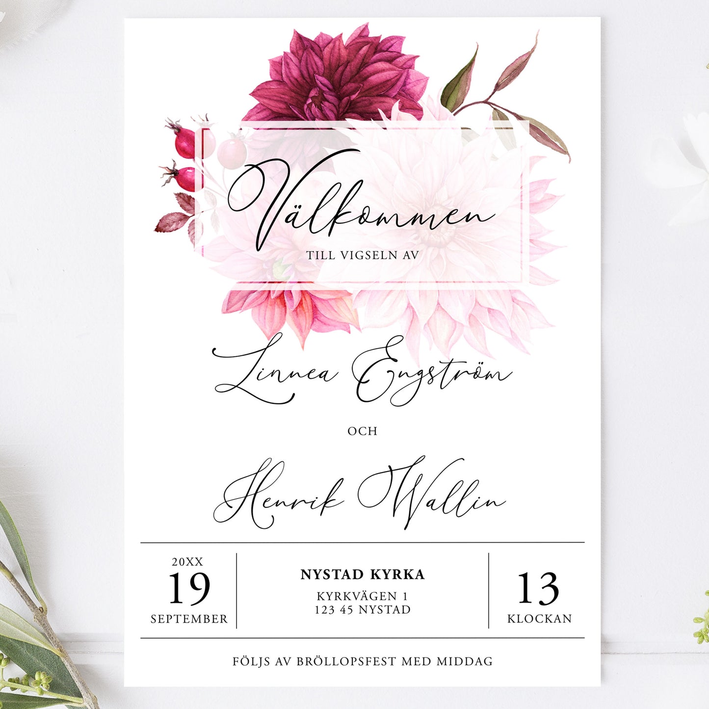 Burgundy Dahlia Bröllopsinbjudan – Modernt blommigt kort – BR002