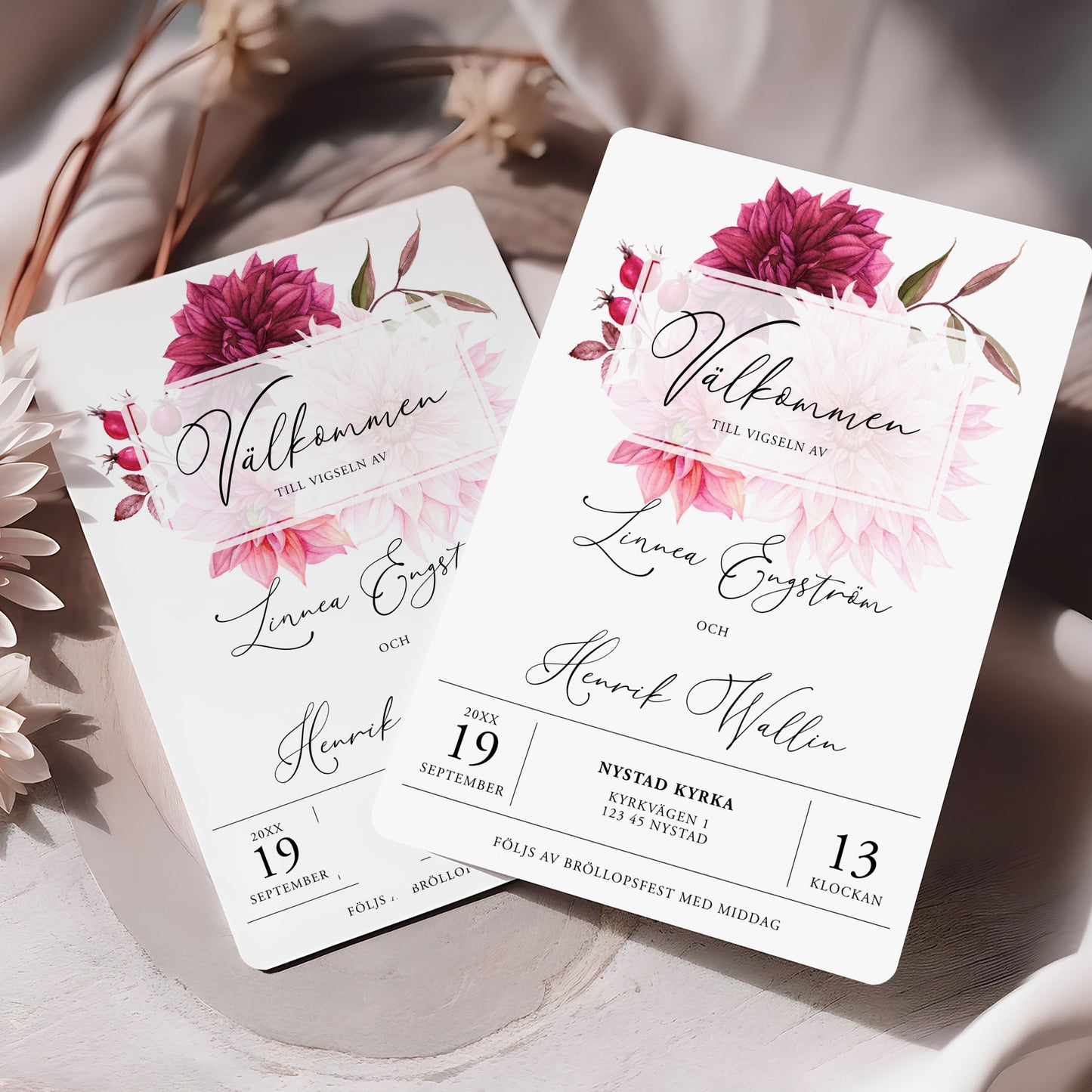 Burgundy Dahlia Bröllopsinbjudan – Modernt blommigt kort – BR002