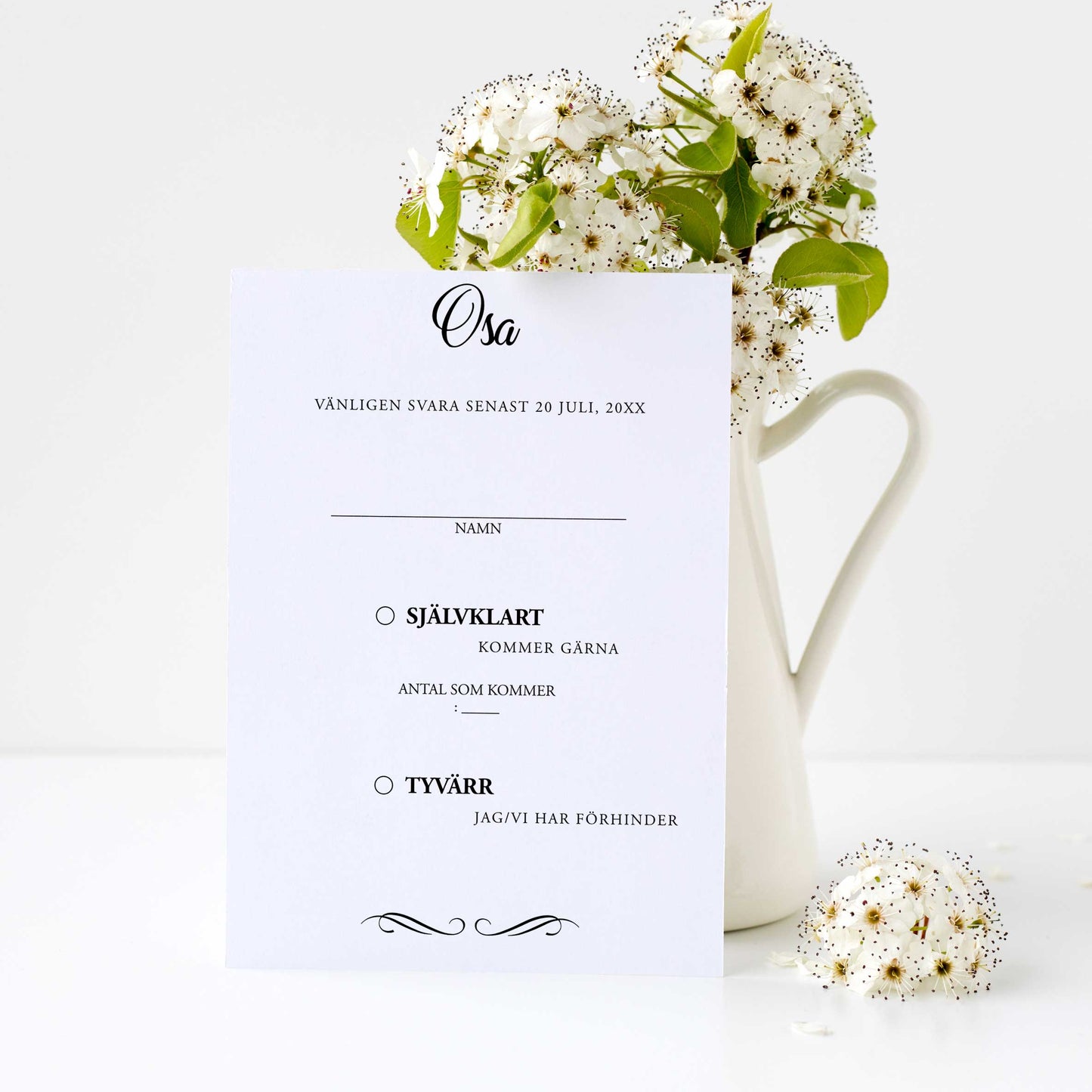 OSA-kort med kuvert (8 färger) – A6 Modern Script Svartvitt – Bröllopskort BR004