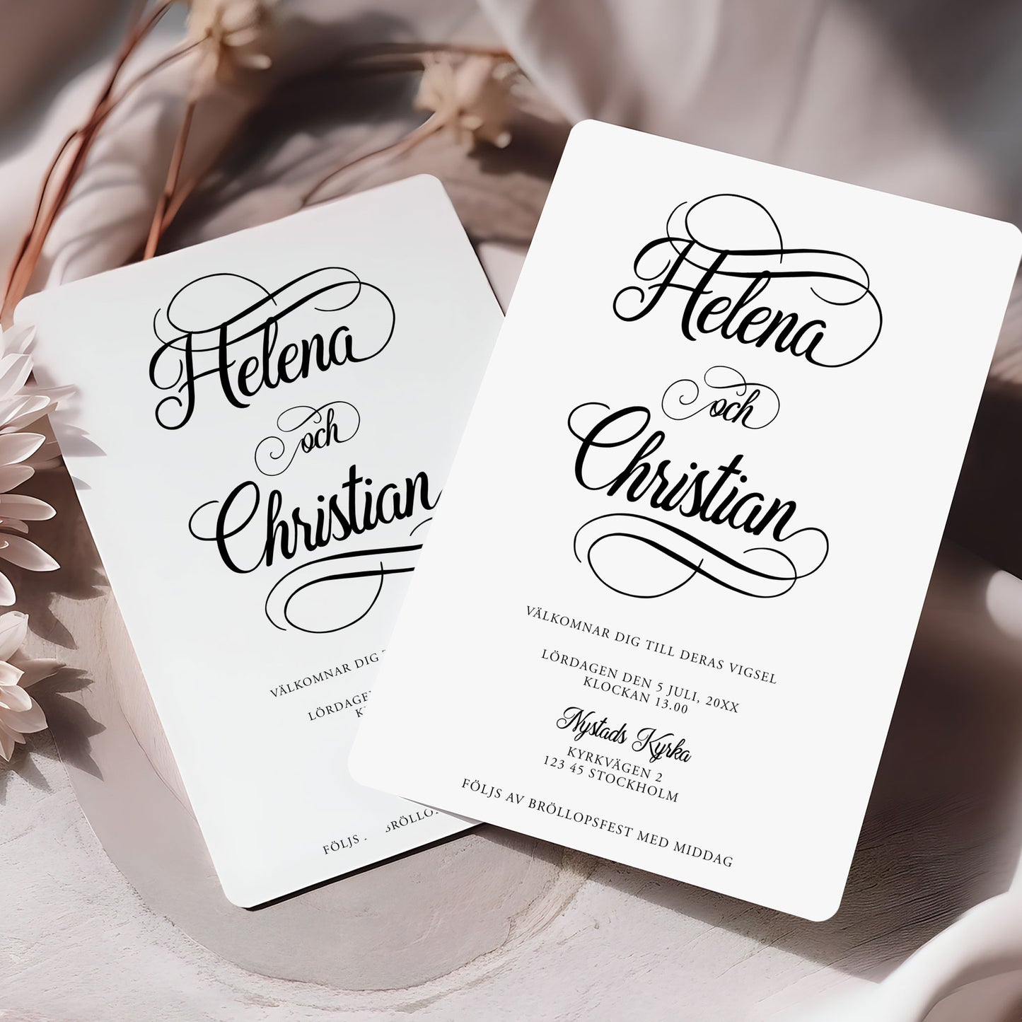 Bröllopsinbjudan med modern script stil – minimalistiskt svartvitt kort – BR004