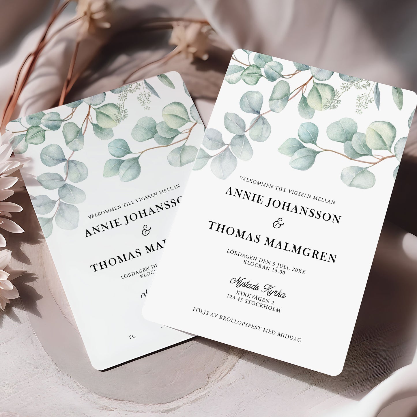 Eucalyptus bröllopsinbjudan – Elegant tryckt kort – BR005