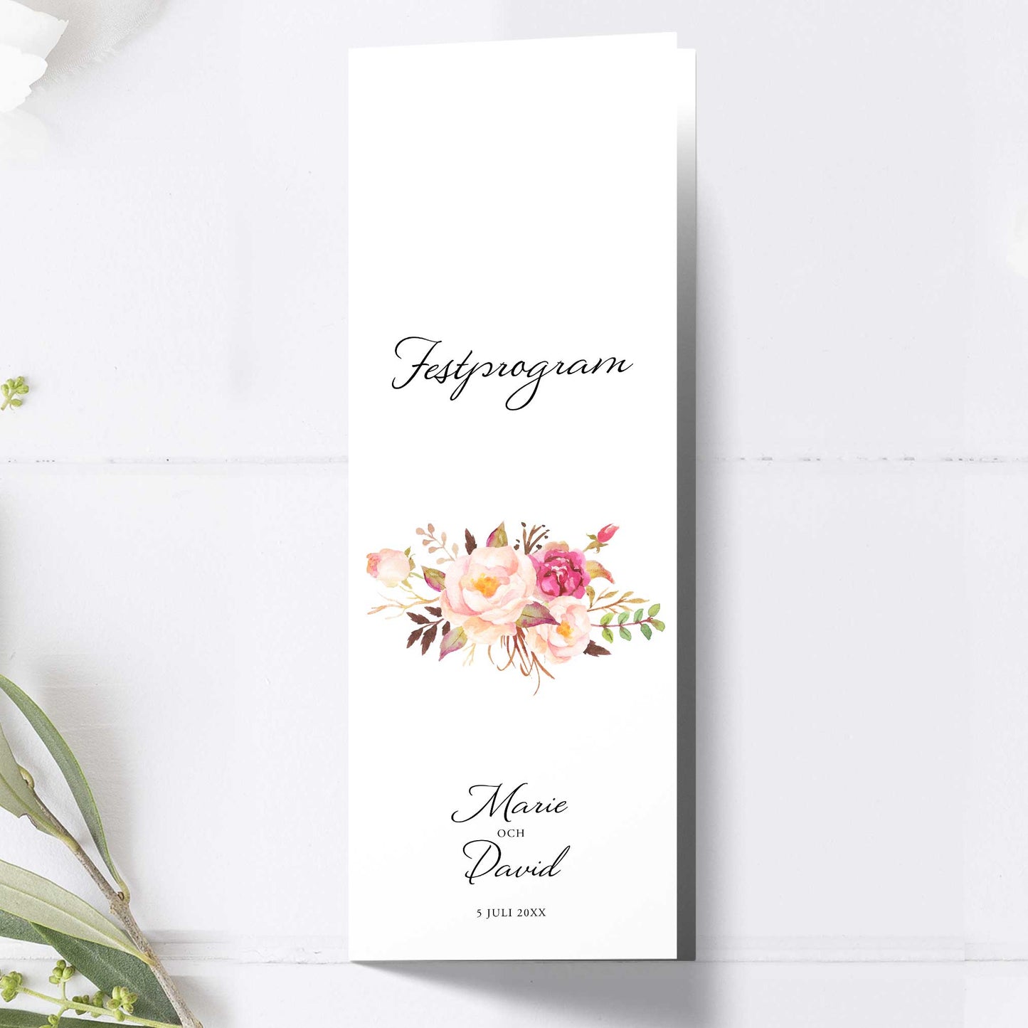 Festprogram till bröllop – Peach & Blush blommigt, somrigt – Avlångt tryckt programkort 10,5×29,7 cm BR006
