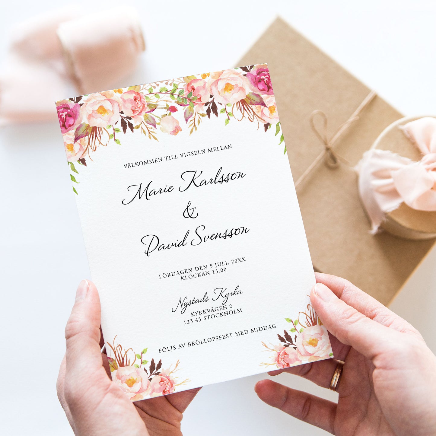 Peach & Blush Blommig Bröllopsinbjudan – Romantisk somrig design – BR006