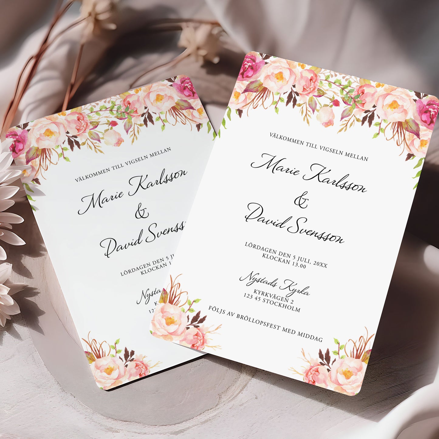 Peach & Blush Blommig Bröllopsinbjudan – Romantisk somrig design – BR006