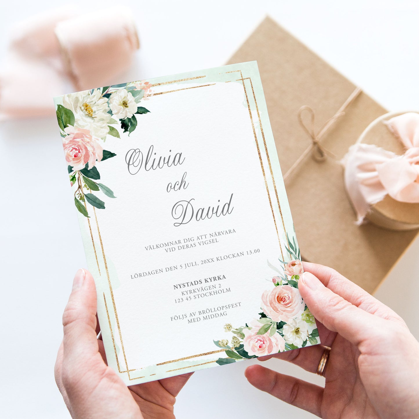 Mint & Guld Bröllopsinbjudan – Rosa, blommig, somrig design – BR009