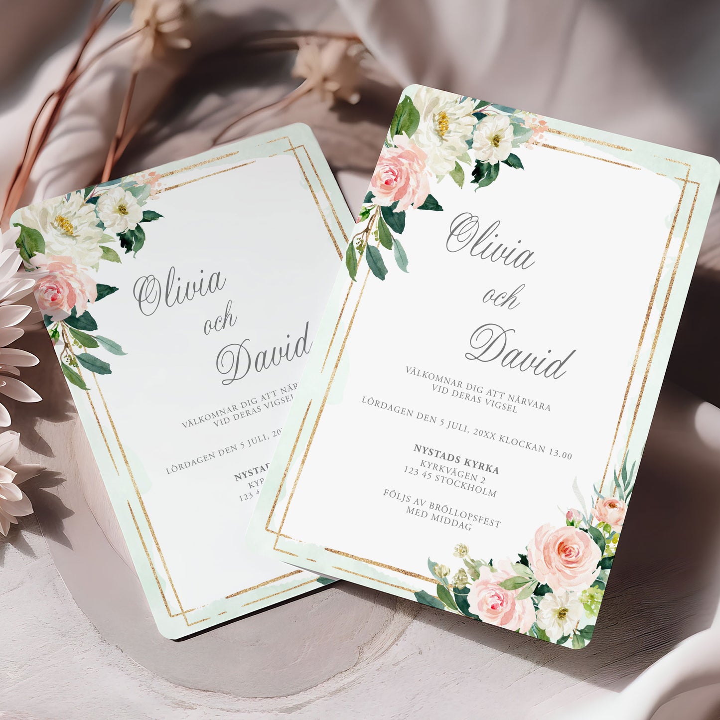 Mint & Guld Bröllopsinbjudan – Rosa, blommig, somrig design – BR009