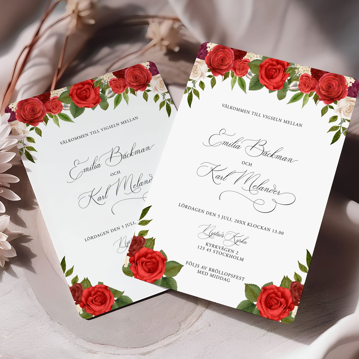 Bröllopsinbjudan med röda rosor – romantiskt kort med blommor – BR010