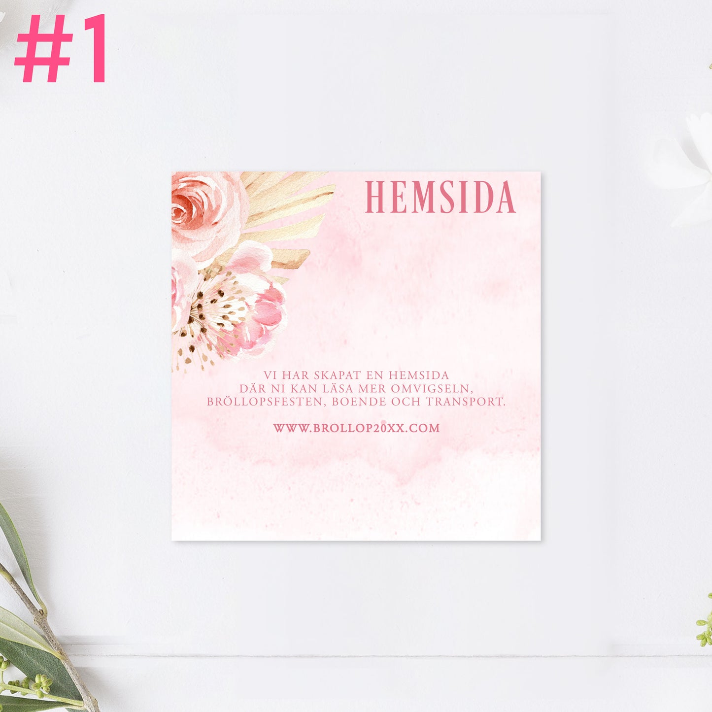 BR011-1 - Bröllopshemsida - Boho Rosa pampas - Tryckt bröllopskort