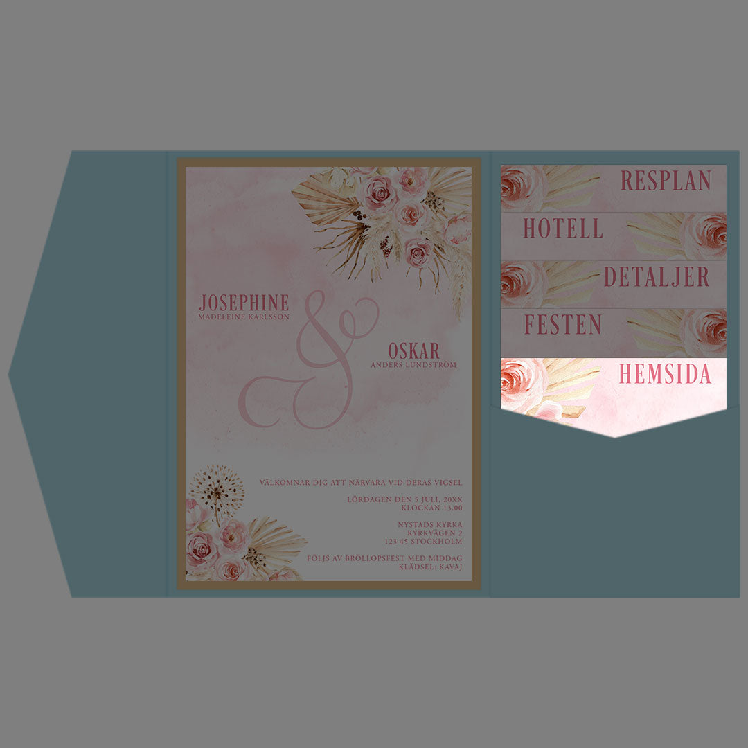 BR011-1 - Bröllopshemsida - Boho Rosa pampas - Tryckt bröllopskort