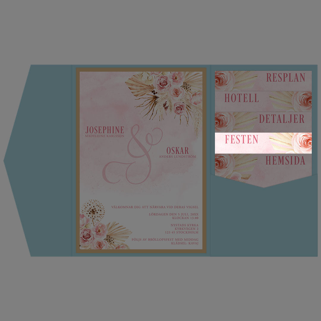 BR011-2 - Festinformation - Boho Rosa pampas - Tryckt bröllopskort