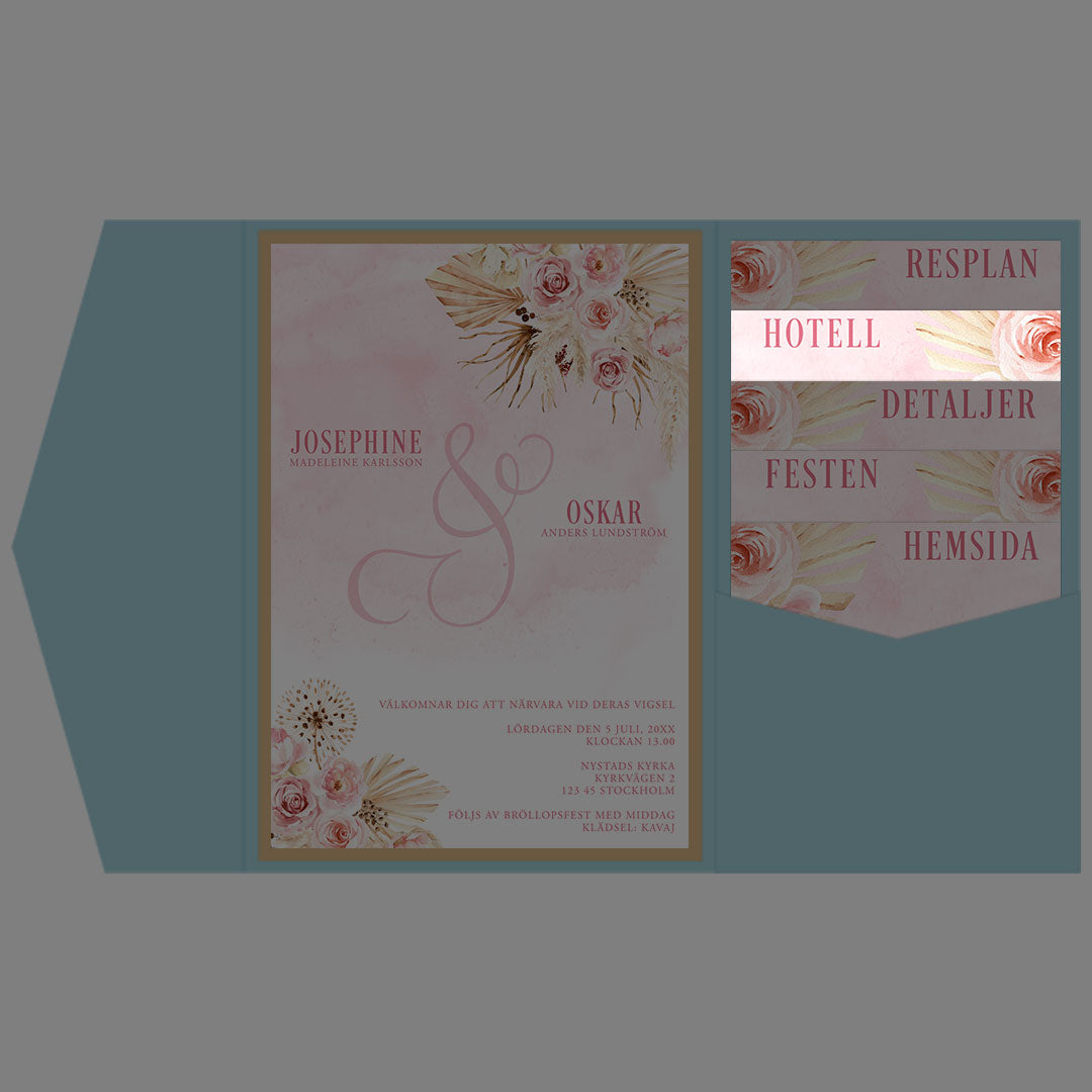 BR011-4 - Boendeinformation - Boho Rosa pampas - Tryckt bröllopskort