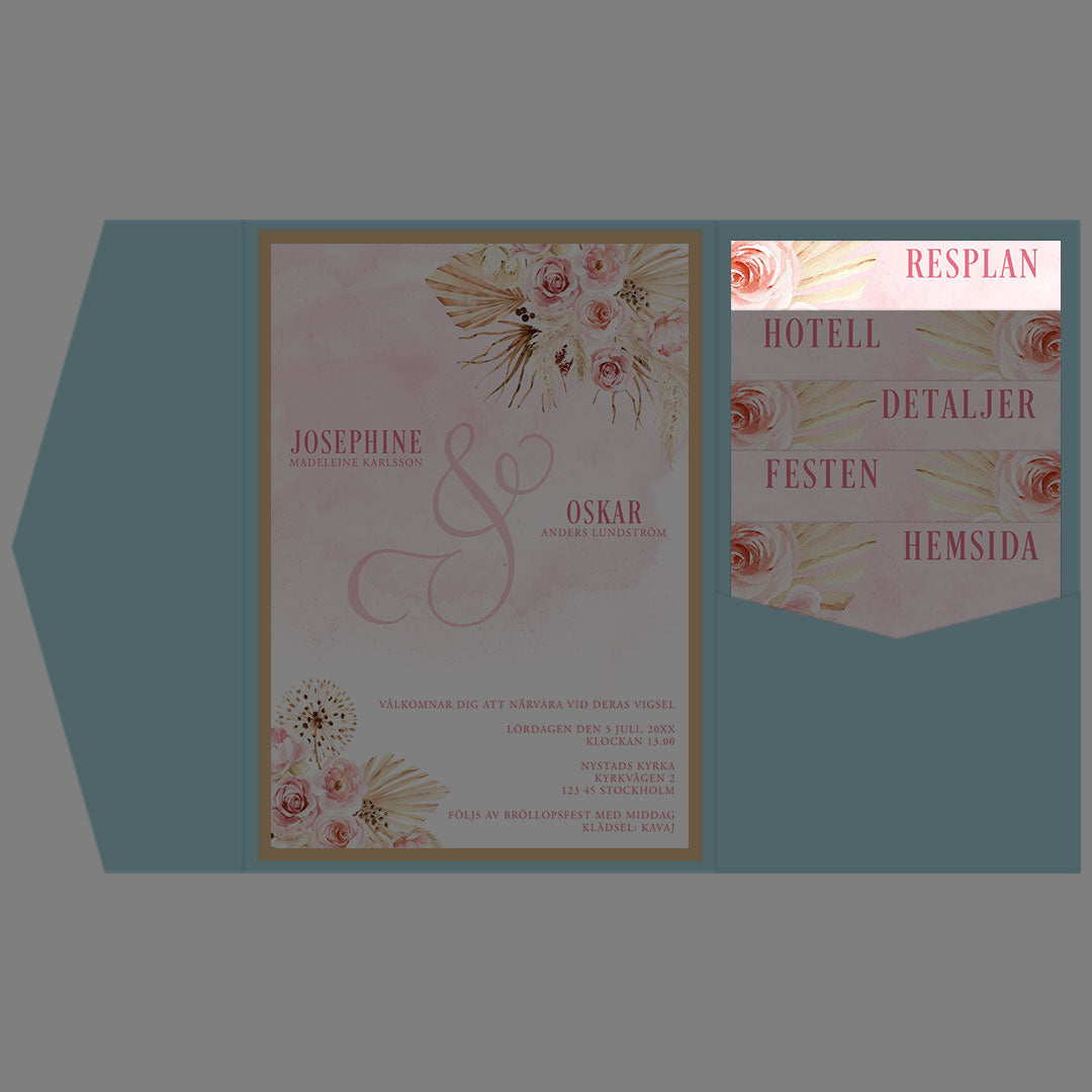 BR011-5 - Vägbeskrivning - Boho Rosa pampas - Tryckt bröllopskort