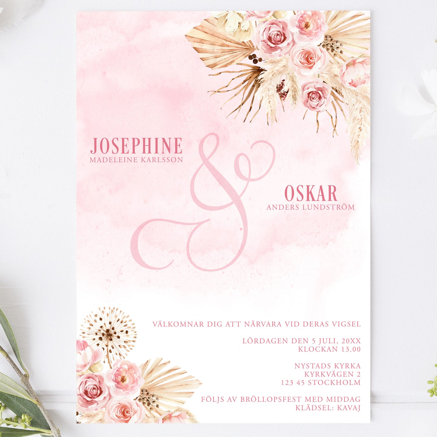 Rosa Boho bröllopsinbjudan – rosa akvarell & pampasdesign – BR011