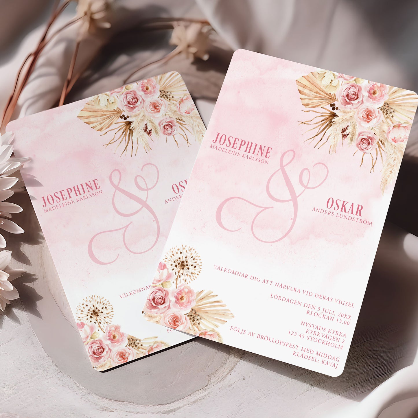 Rosa Boho bröllopsinbjudan – rosa akvarell & pampasdesign – BR011