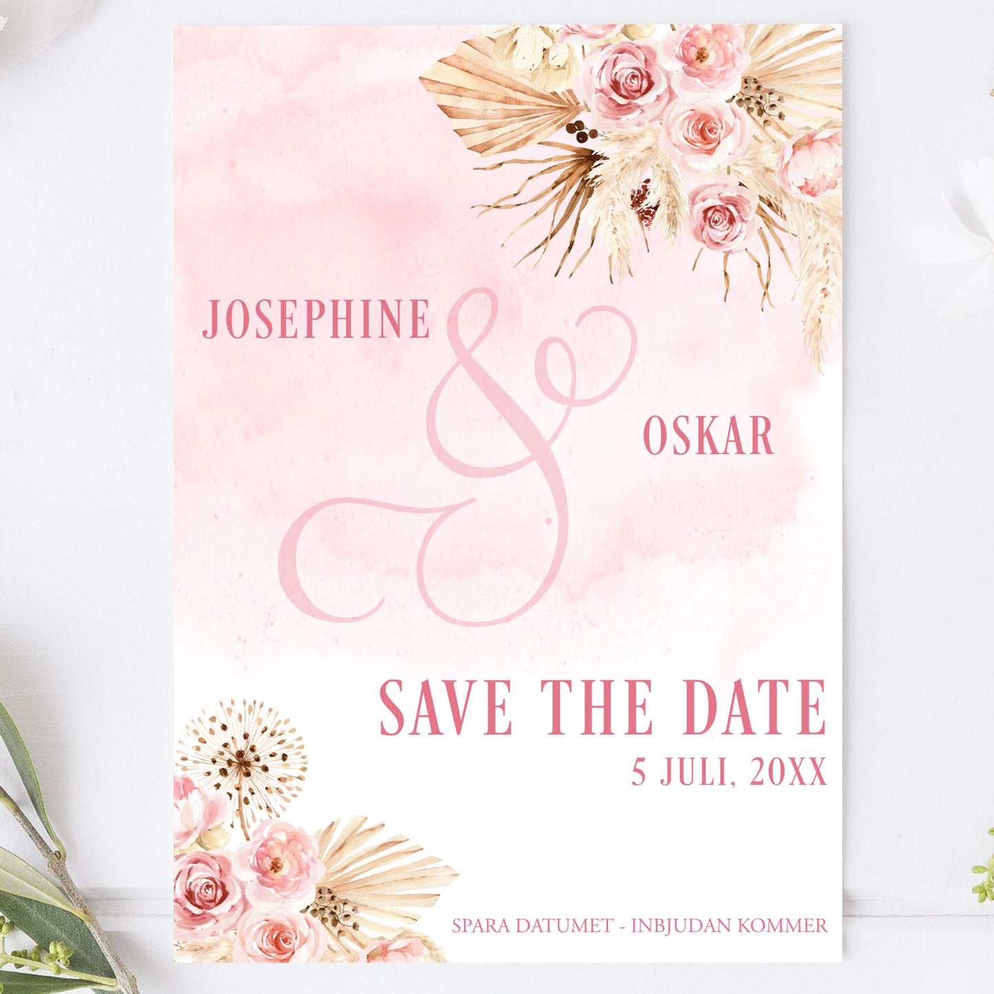 Save the Date-kort – Rosa Boho akvarell & pampasdesign - A6 Tryckt kort för bröllopsdatum BR011