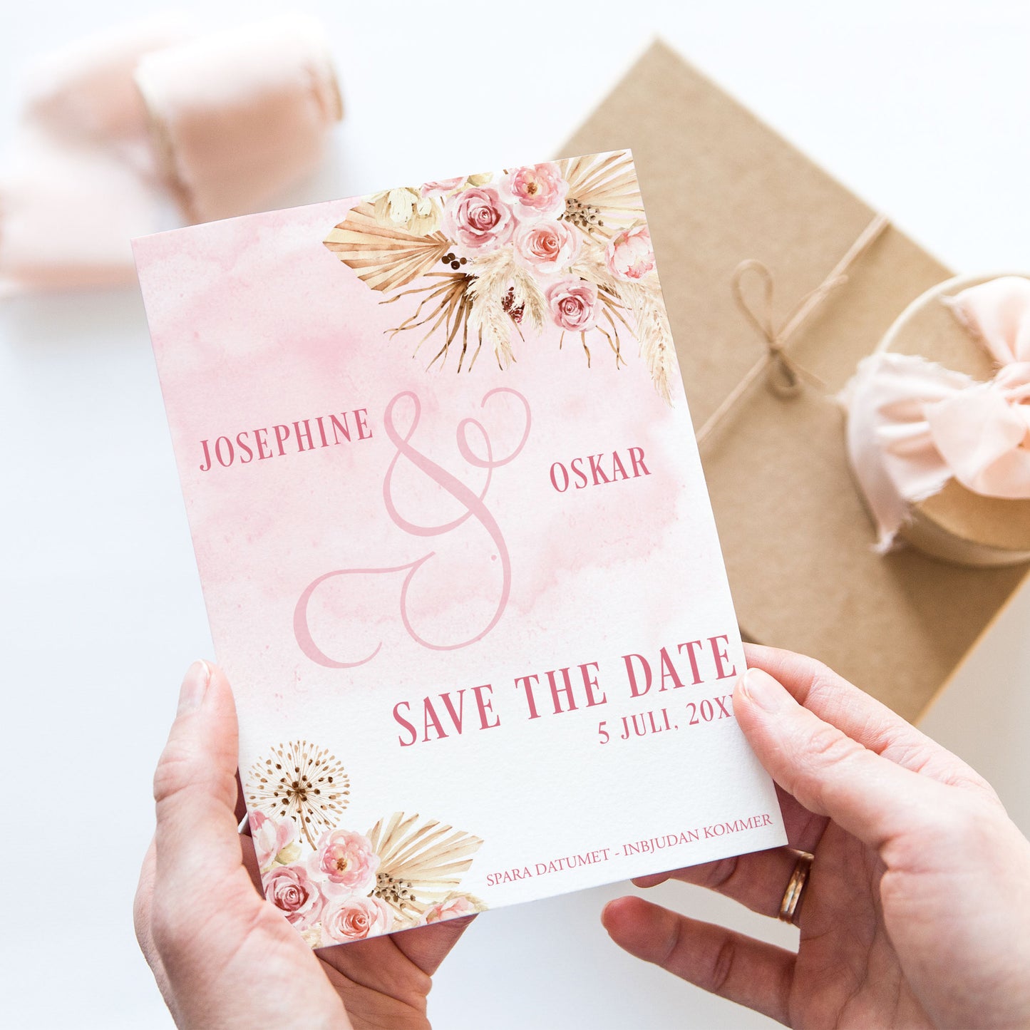 Save the Date-kort – Rosa Boho akvarell & pampasdesign - A6 Tryckt kort för bröllopsdatum BR011