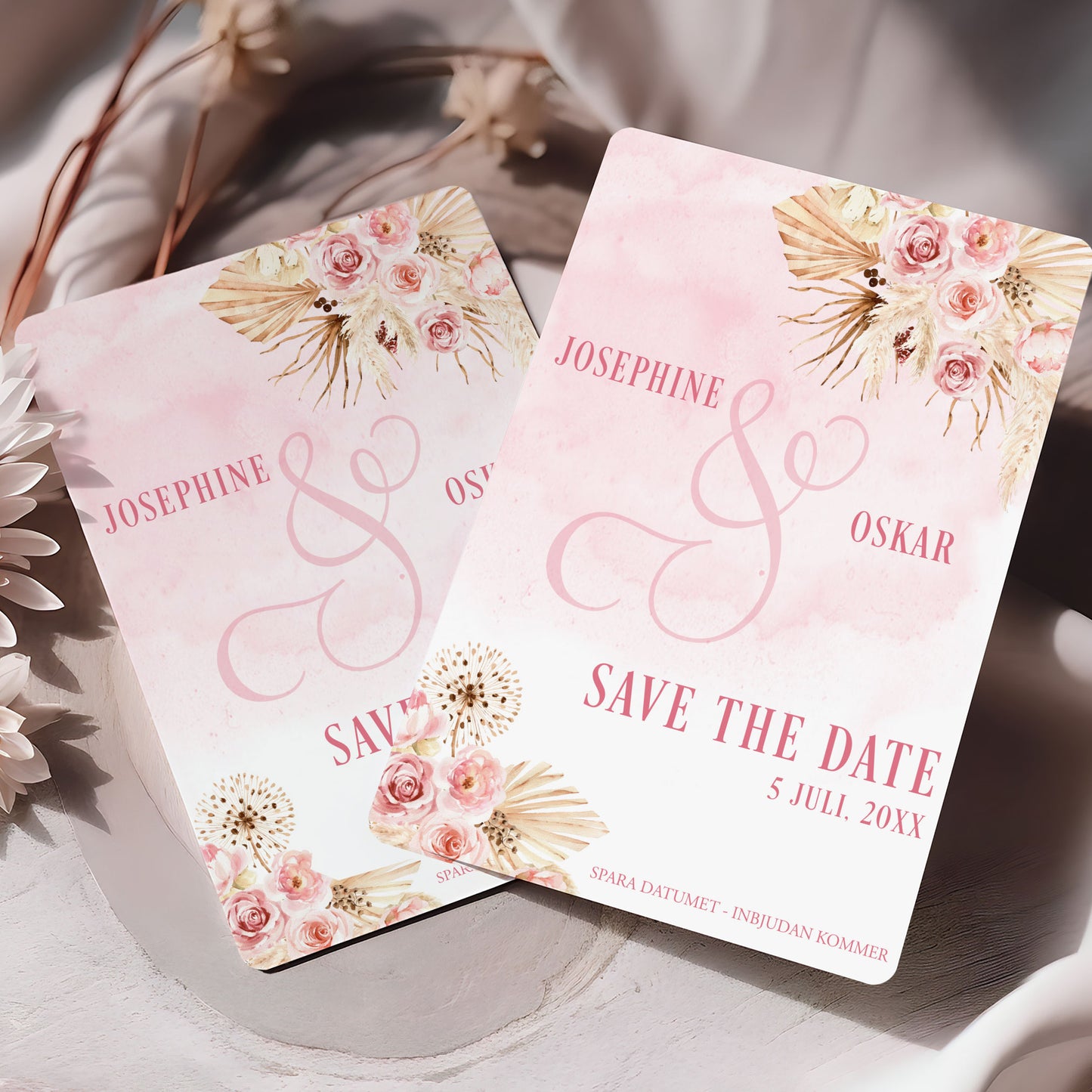 Save the Date-kort – Rosa Boho akvarell & pampasdesign - A6 Tryckt kort för bröllopsdatum BR011