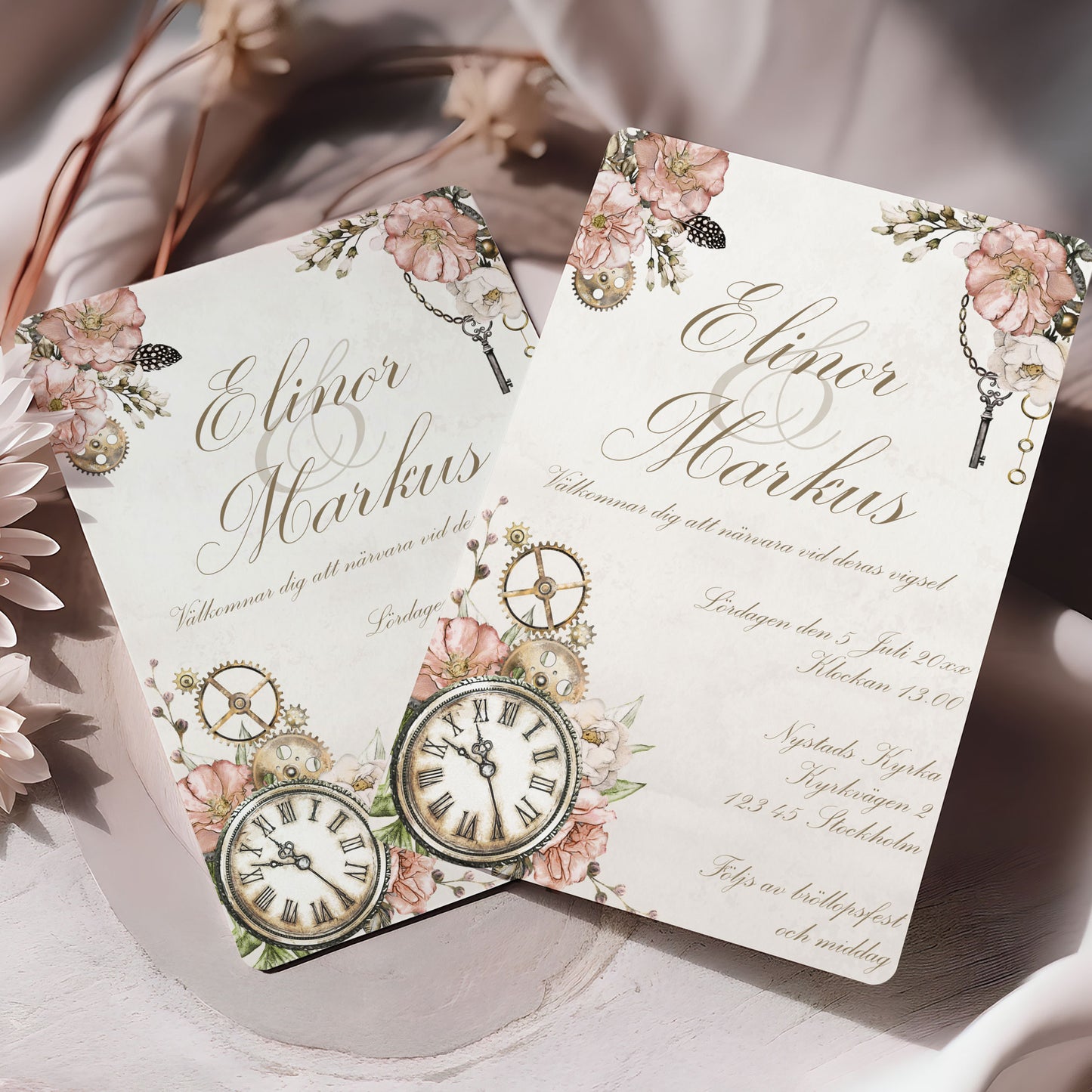 Steampunk bröllopsinbjudan – vintageklocka och blommönster – BR012