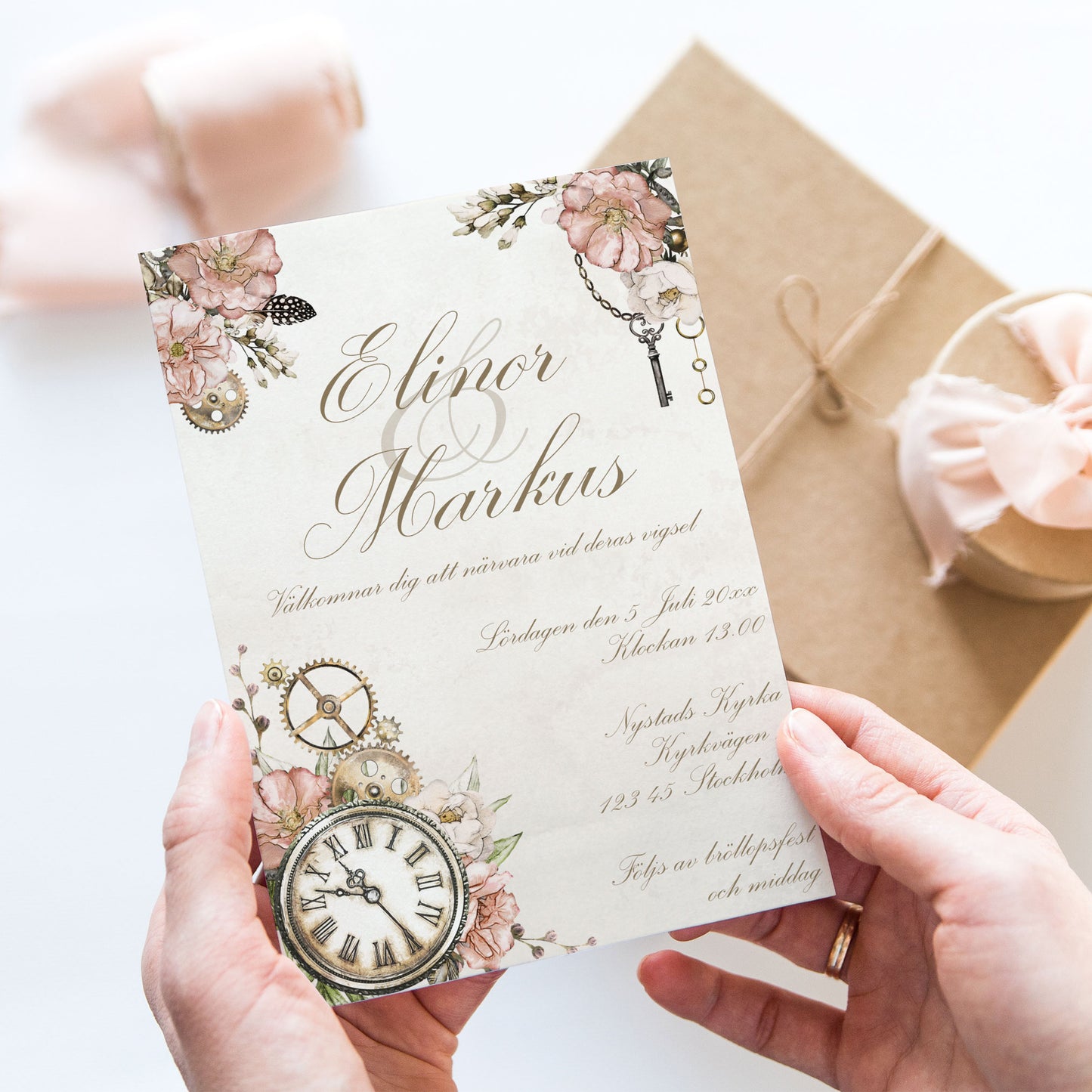 Steampunk bröllopsinbjudan – vintageklocka och blommönster – BR012