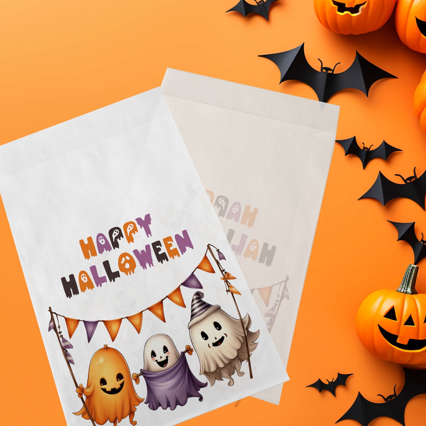 10-pack Halloween-godispåsar – Glada Spöken - Bus eller godis – A6 platta pappersgodispåsar – GB304
