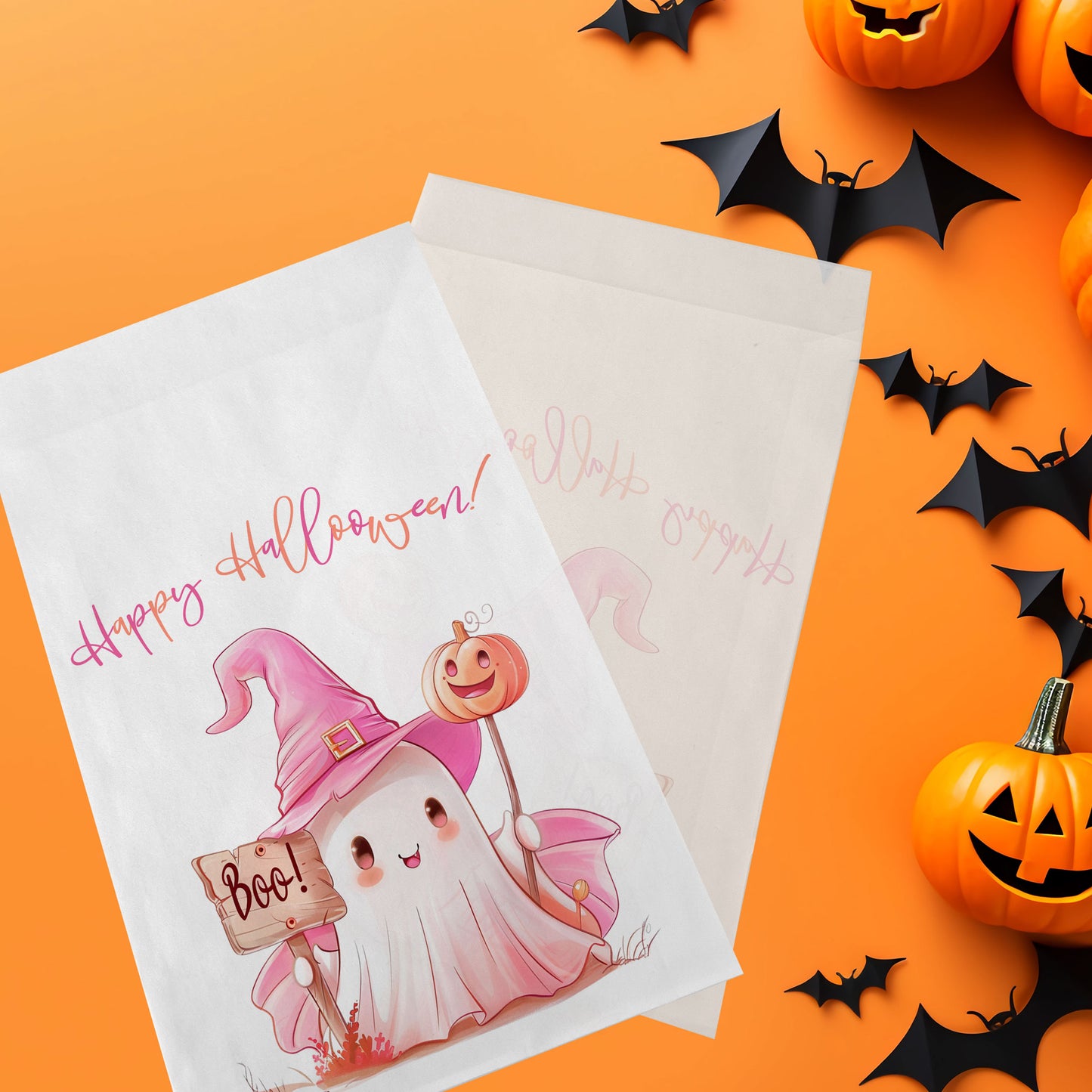 10-pack Halloween-godispåsar – Rosa Spöke Boo - Bus eller godis – A6 platta pappersgodispåsar – GB325