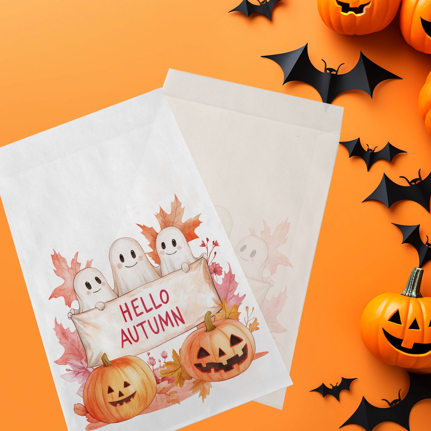 10-pack Halloween-godispåsar – Hello Autumn Spöken - Bus eller godis – A6 platta pappersgodispåsar – GB332