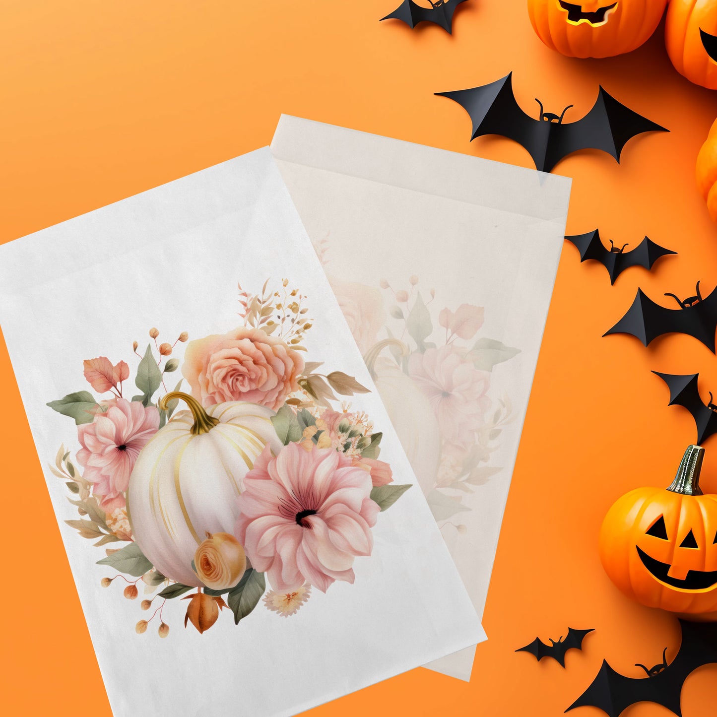 10-pack Halloween-godispåsar – Vit Pumpa med Blommor - Bus eller godis – A6 platta pappersgodispåsar – GB345