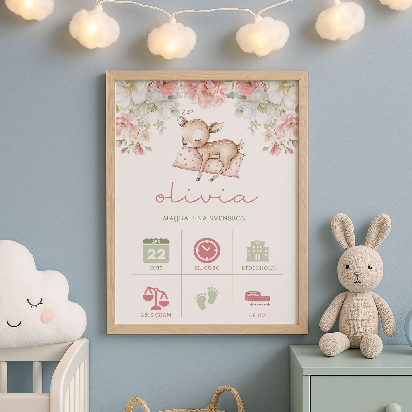 Personalized Birth Stats Print Sleeping Fawn – Pink Nursery Wall Art & Baby Gift | Printed Poster in Multiple Sizes
