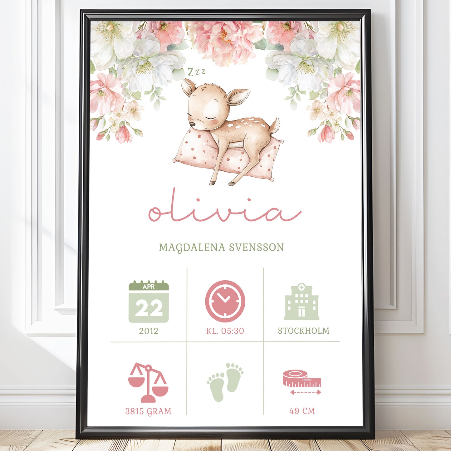 Personalized Birth Stats Print Sleeping Fawn – Pink Nursery Wall Art & Baby Gift | Printed Poster in Multiple Sizes