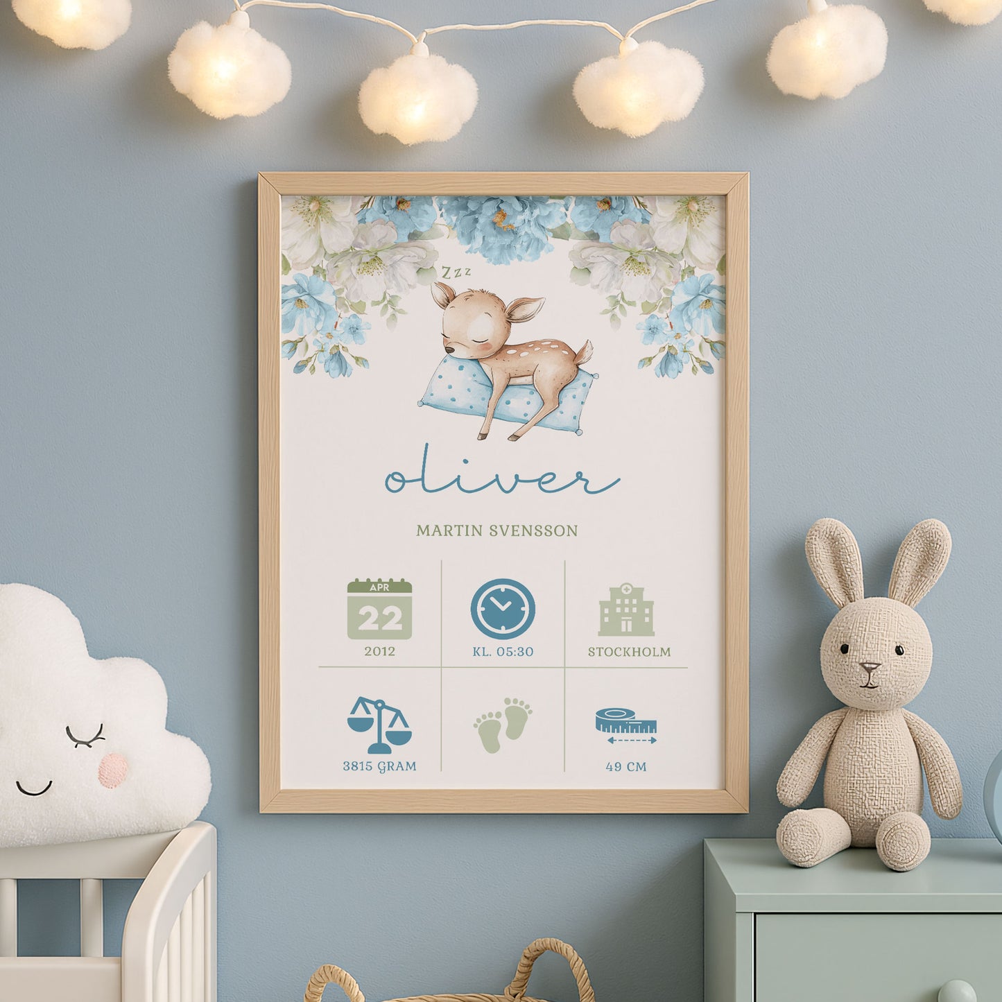 Personalized Birth Stats Print Sleeping Fawn – Blue Nursery Wall Art & Baby Gift | Printed Poster in Multiple Sizes