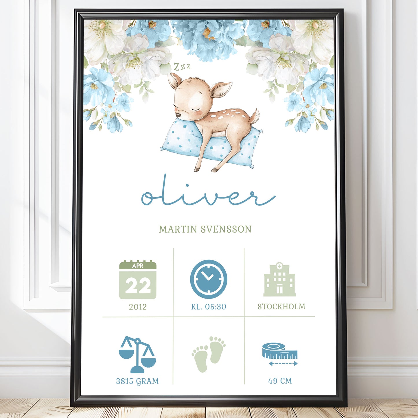 Personalized Birth Stats Print Sleeping Fawn – Blue Nursery Wall Art & Baby Gift | Printed Poster in Multiple Sizes