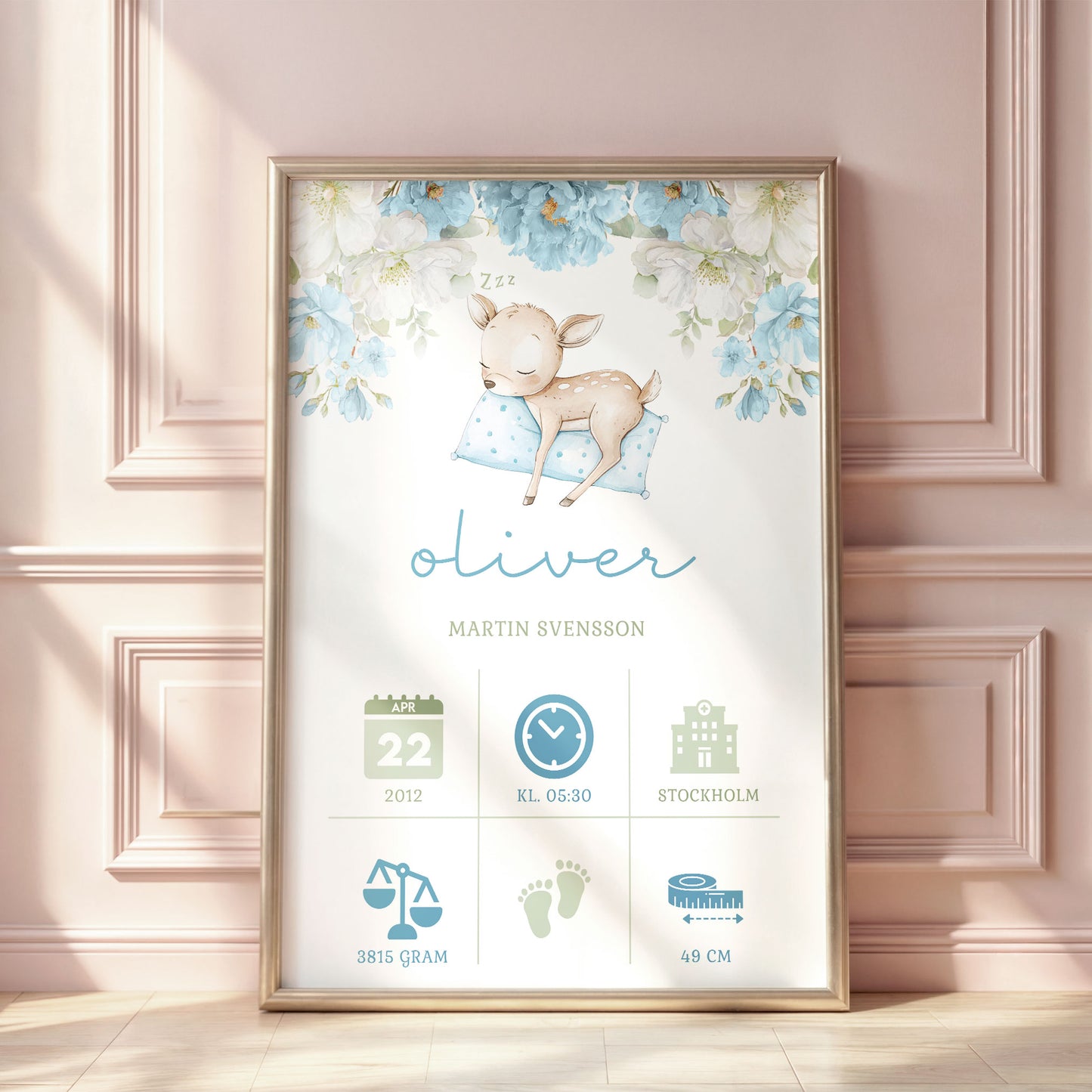 Personalized Birth Stats Print Sleeping Fawn – Blue Nursery Wall Art & Baby Gift | Printed Poster in Multiple Sizes