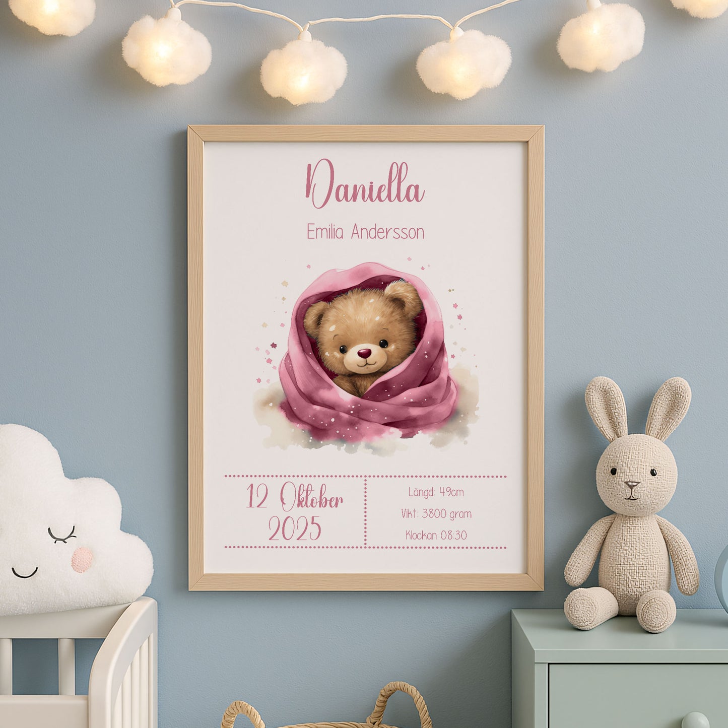 Personalized Birth Stats Print Cute Teddy Bear – Pink Nursery Wall Art & Baby Gift | Printed Poster in Multiple Sizes