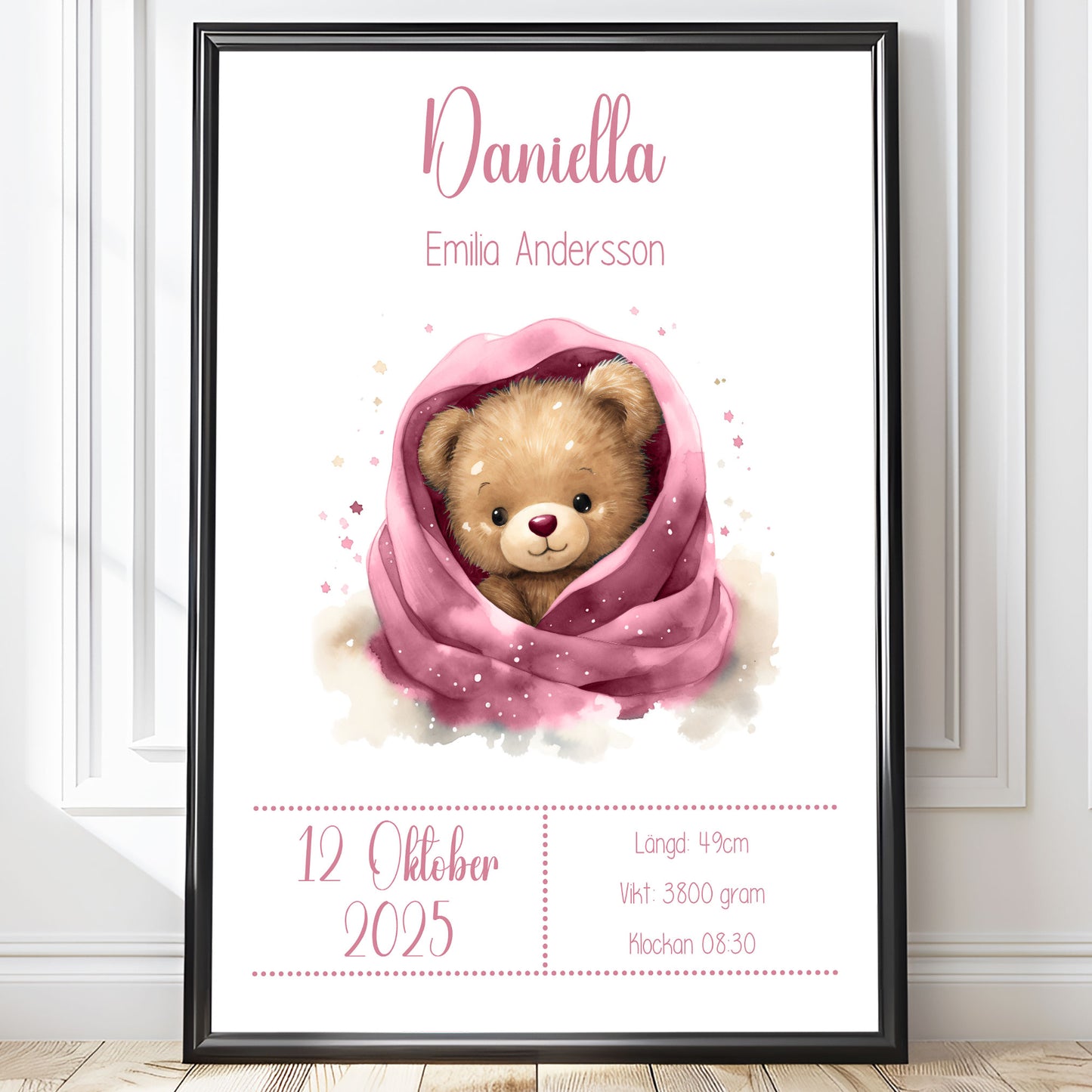 Personalized Birth Stats Print Cute Teddy Bear – Pink Nursery Wall Art & Baby Gift | Printed Poster in Multiple Sizes