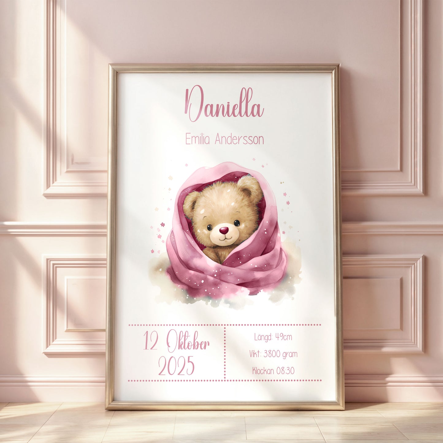 Personalized Birth Stats Print Cute Teddy Bear – Pink Nursery Wall Art & Baby Gift | Printed Poster in Multiple Sizes
