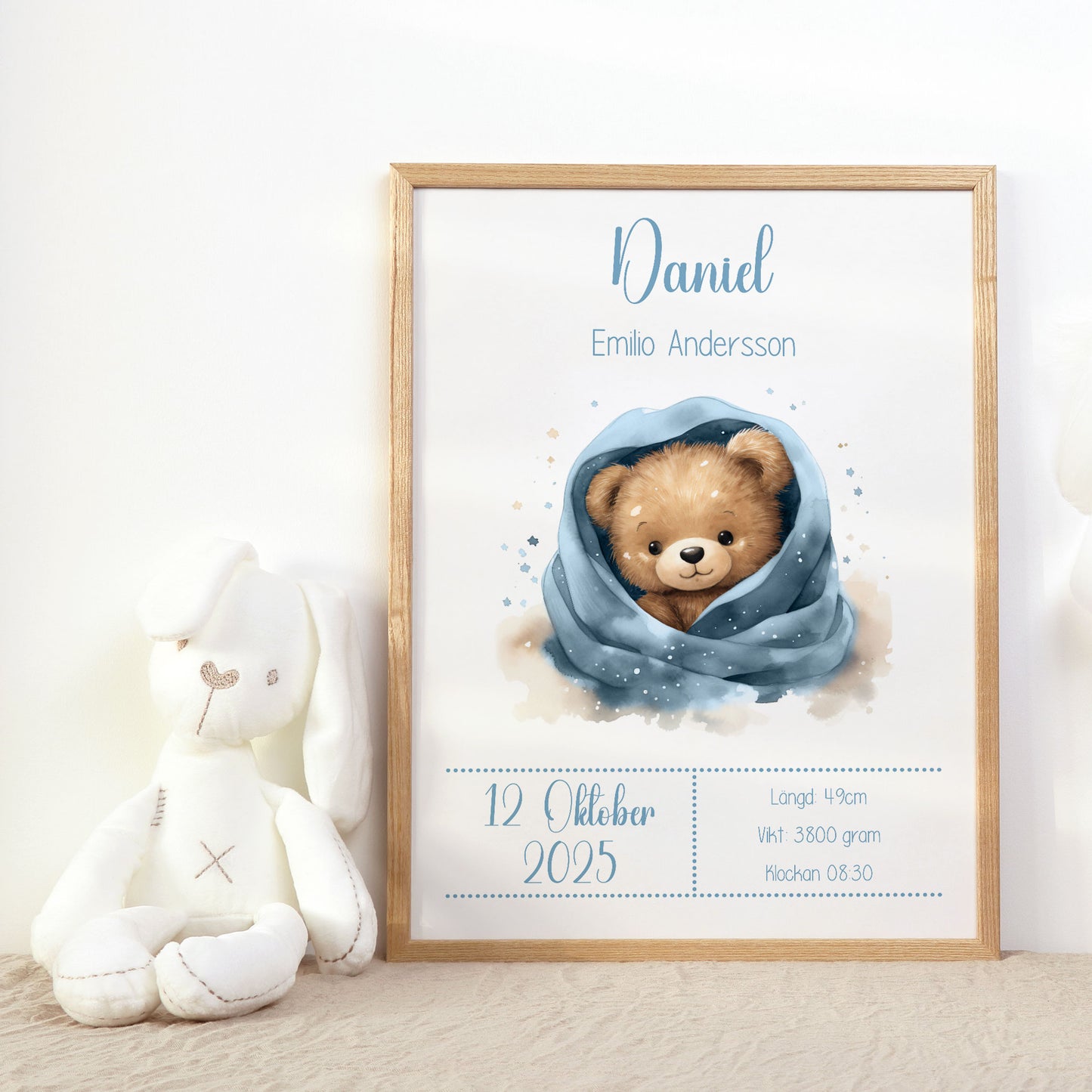 Personalized Birth Stats Print Cute Teddy Bear – Blue Nursery Wall Art & Baby Gift | Printed Poster in Multiple Sizes
