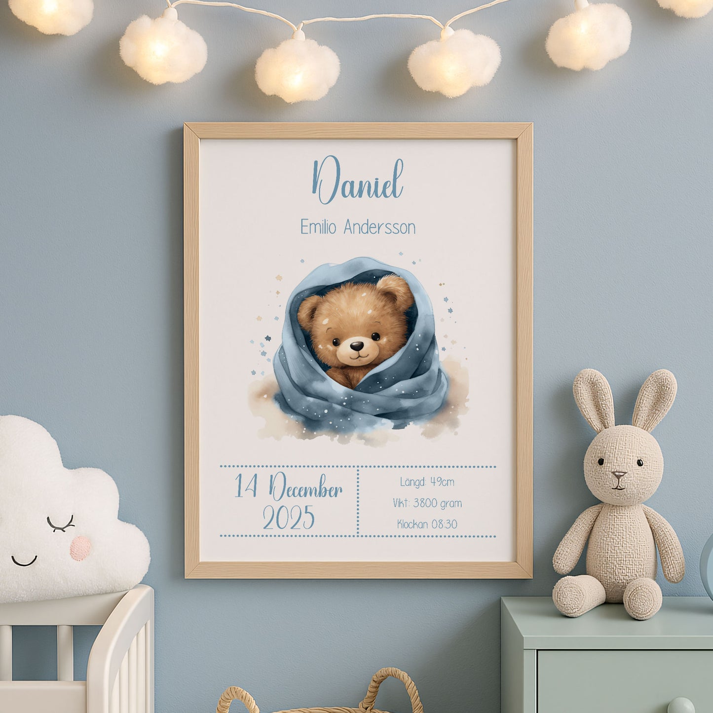 Personalized Birth Stats Print Cute Teddy Bear – Blue Nursery Wall Art & Baby Gift | Printed Poster in Multiple Sizes