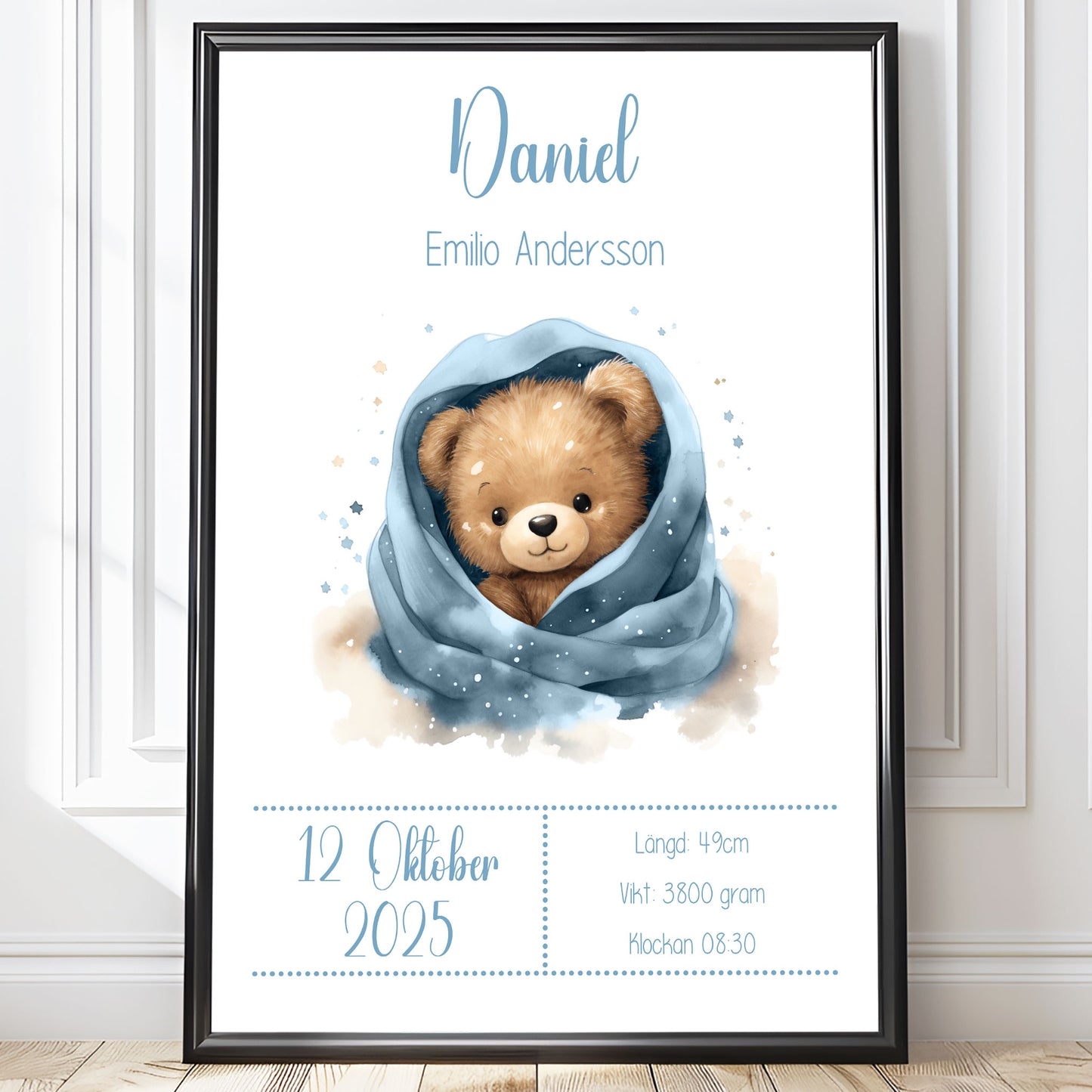 Personalized Birth Stats Print Cute Teddy Bear – Blue Nursery Wall Art & Baby Gift | Printed Poster in Multiple Sizes