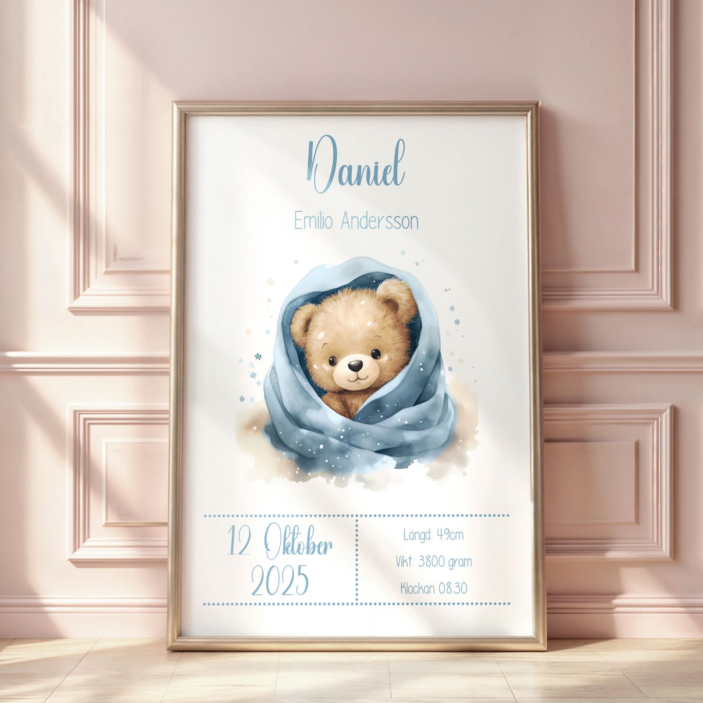 Personalized Birth Stats Print Cute Teddy Bear – Blue Nursery Wall Art & Baby Gift | Printed Poster in Multiple Sizes