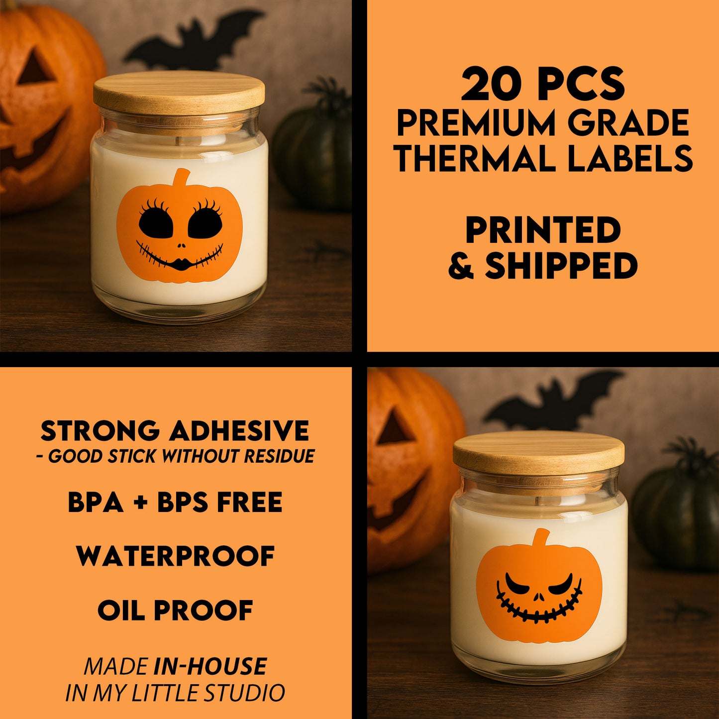 20-pack Halloween Pumpor m ansikten – Vattentäta Premium Termiska Etiketter – Halloweendekoration – TS347