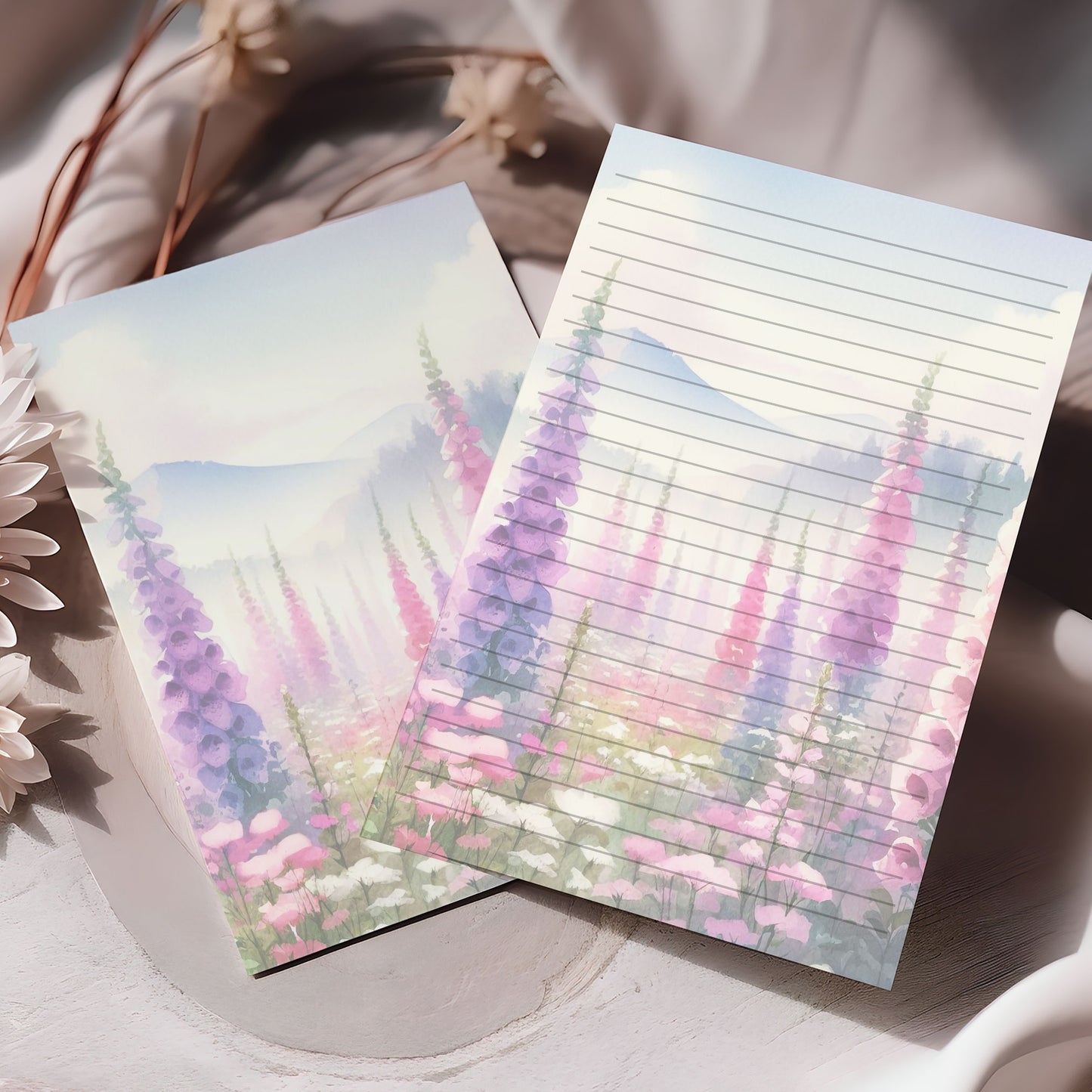 10-pack Brevpapper - Rosa & Lila Fingerborgsblommor - Tryckt A5 Papper - WP502