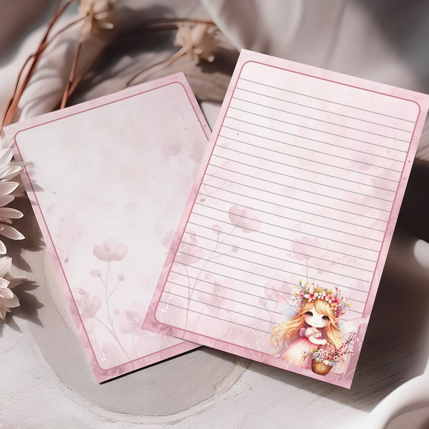 10-pack Brevpapper - Fé med Rosa Vårblommor - Tryckt A5 Papper - WP509