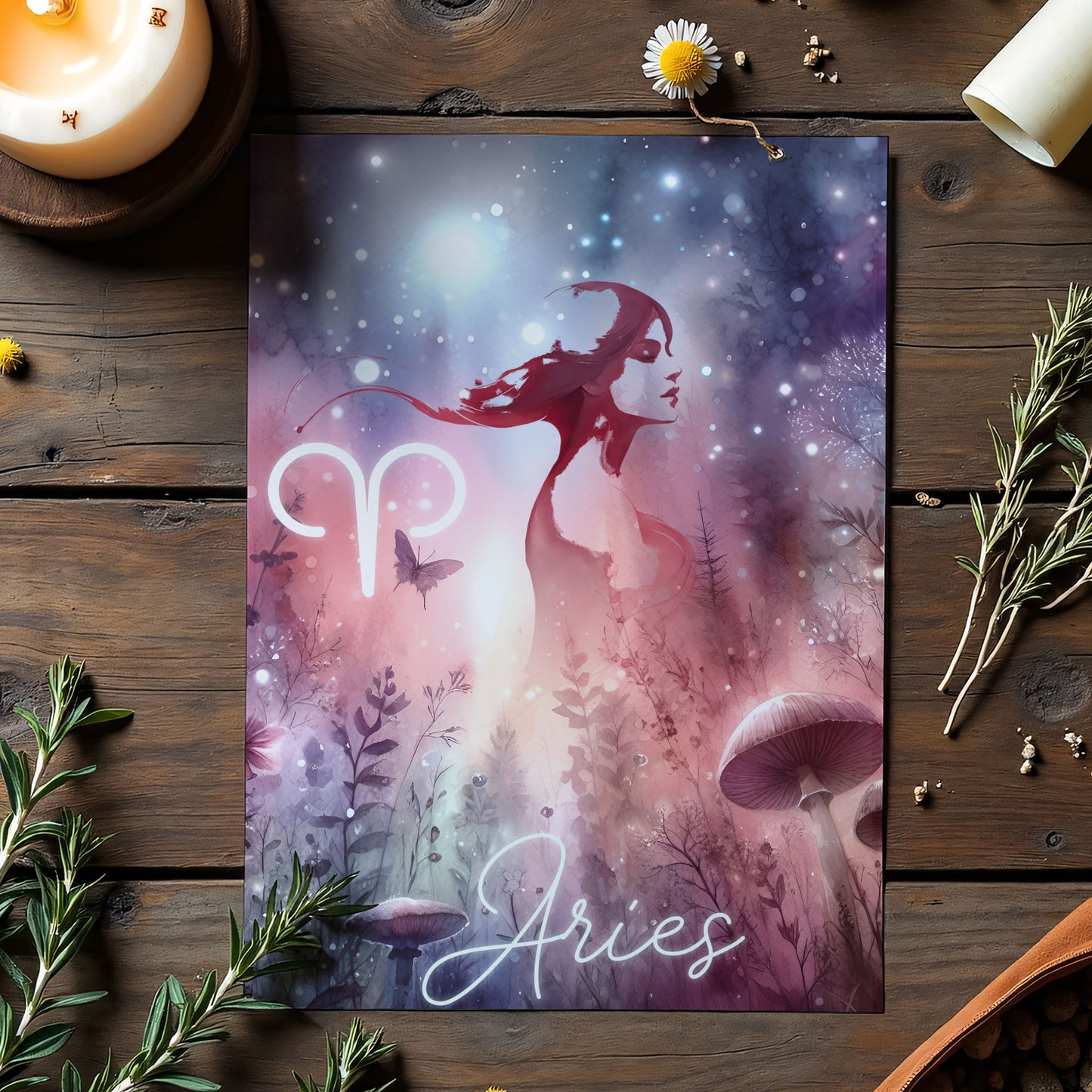 Aries – Zodiac Sign Card with Constellation & Crystals – A6 Astrology Art Print for Journaling or Gift – ZC423