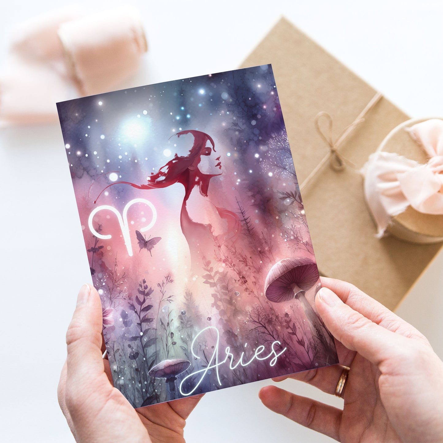 Aries – Zodiac Sign Card with Constellation & Crystals – A6 Astrology Art Print for Journaling or Gift – ZC423