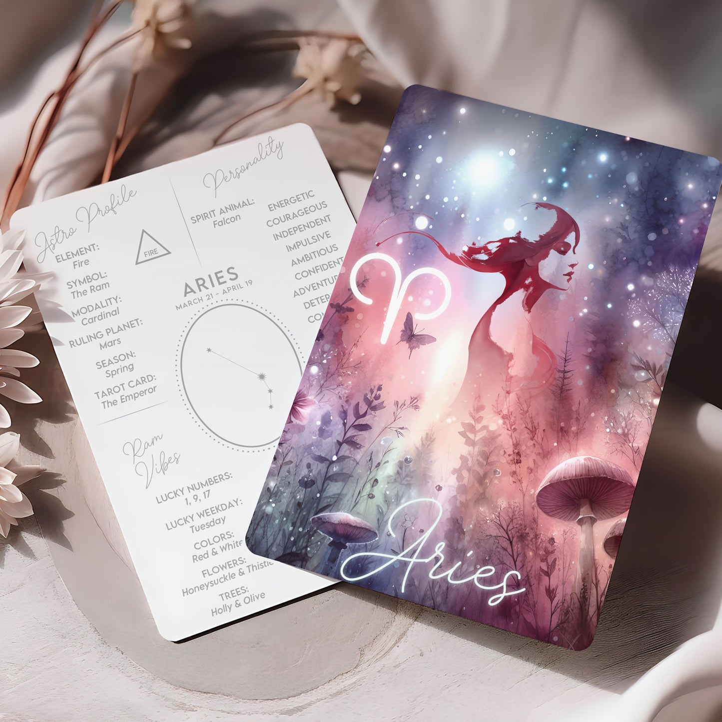 Aries – Zodiac Sign Card with Constellation & Crystals – A6 Astrology Art Print for Journaling or Gift – ZC423