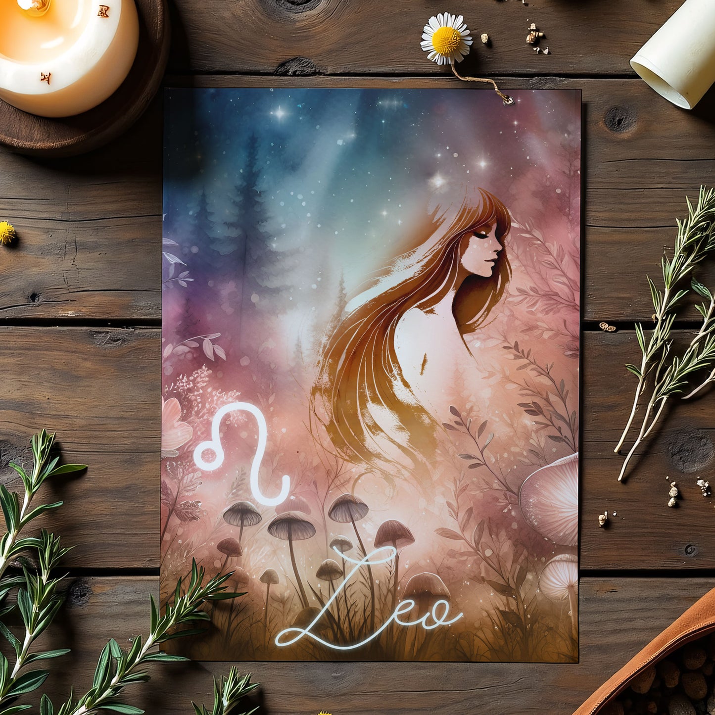 Leo – Zodiac Sign Card with Constellation & Crystals – A6 Astrology Art Print for Journaling or Gift – ZC426