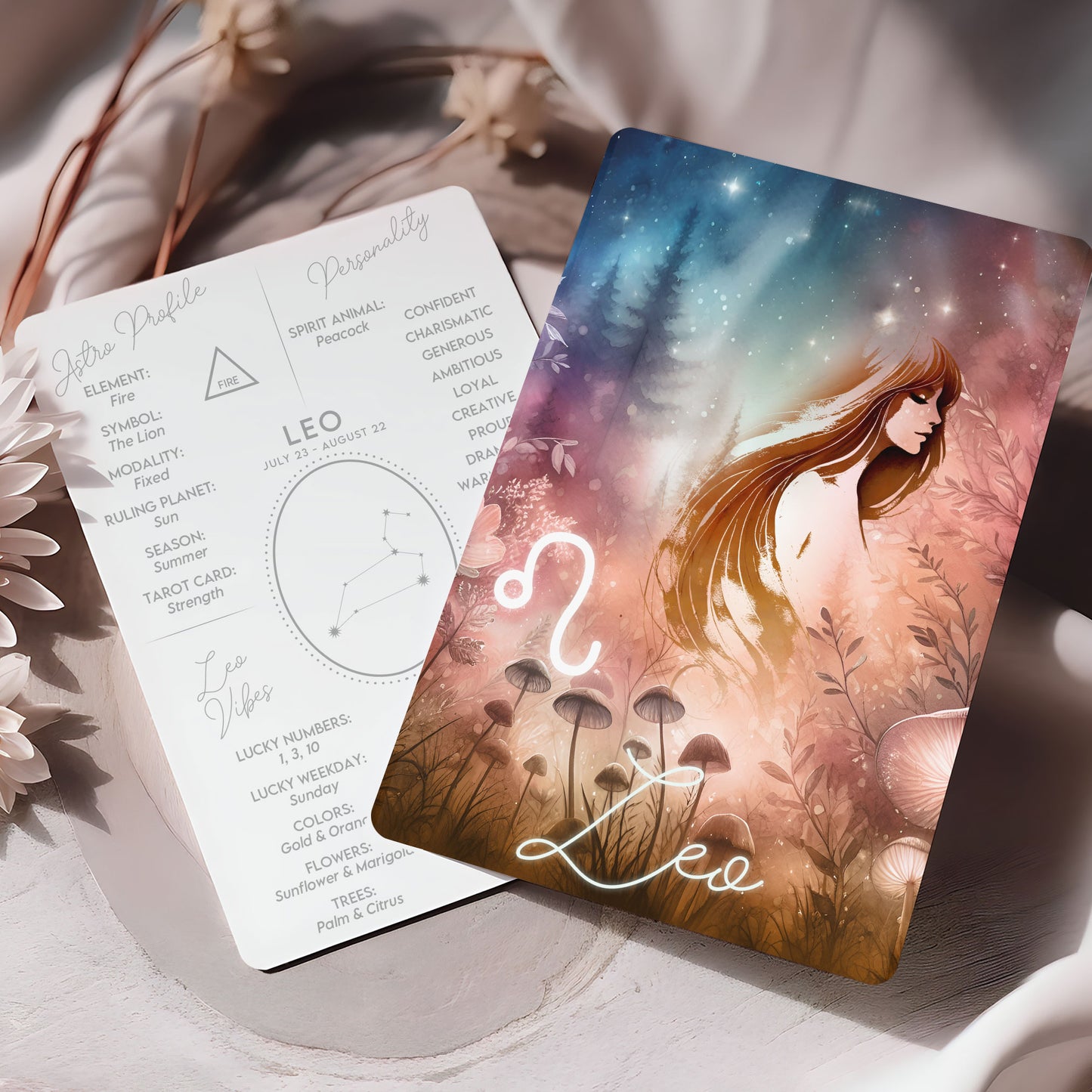 Leo – Zodiac Sign Card with Constellation & Crystals – A6 Astrology Art Print for Journaling or Gift – ZC426